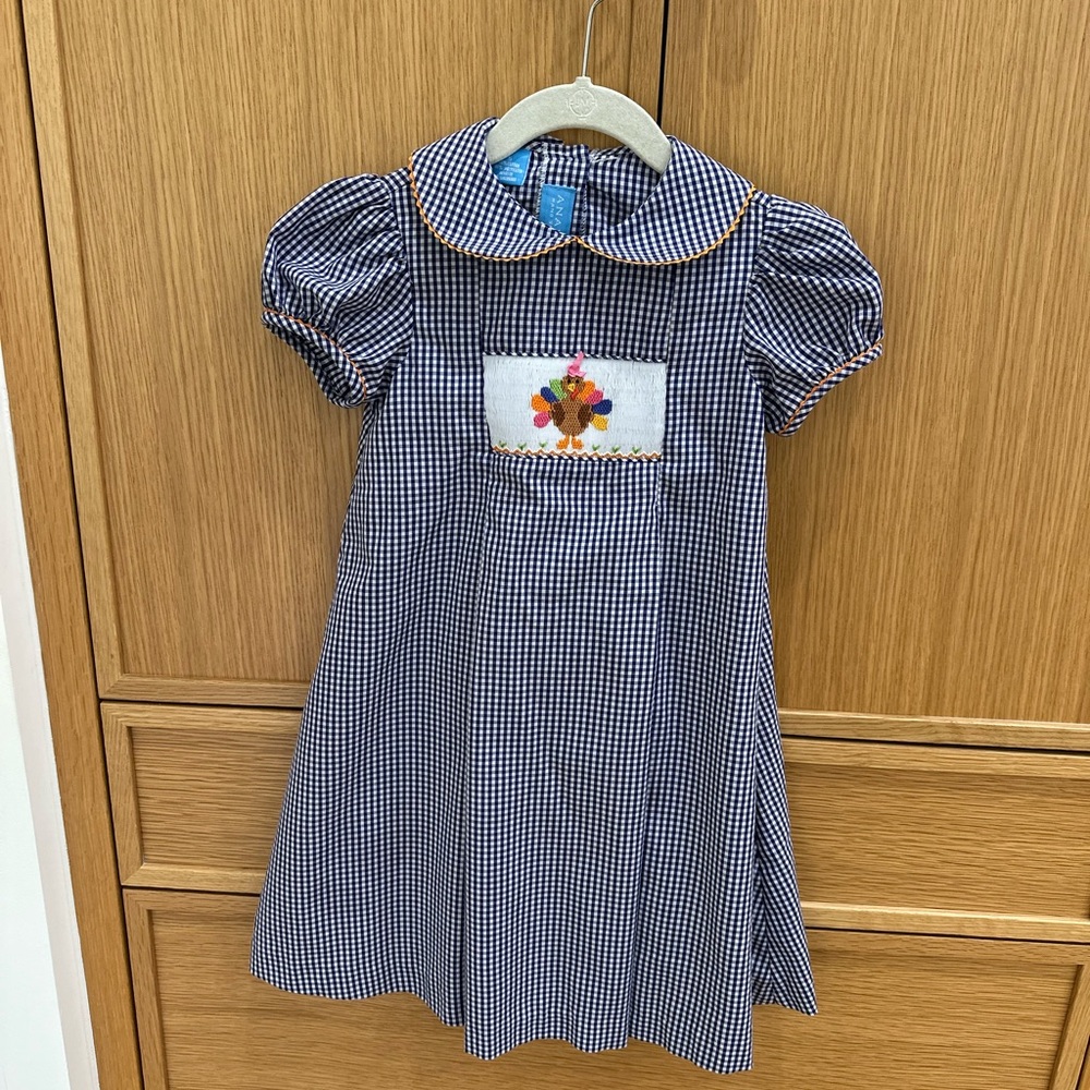 Anavini Navy Gingham Dress with Embroidered Turkey, Size 5